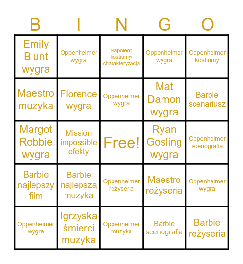 Oskary i Złote globy Bingo Card