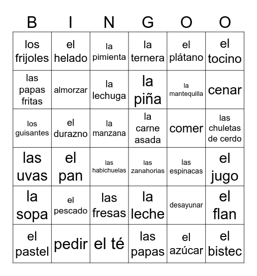 Spanish 1 Unit 6 Food Vocab Bingo Card