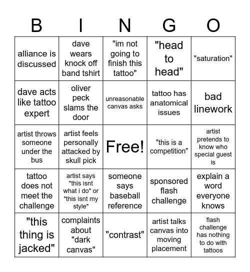 Ink Master Bingo S10 Bingo Card