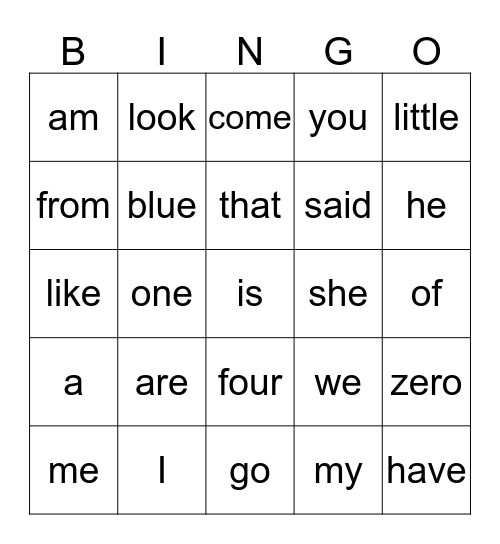 SIGHT WORD BINGO Card