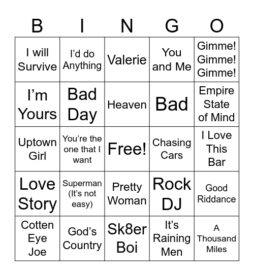 “Sing-A-Long” Bingo Card