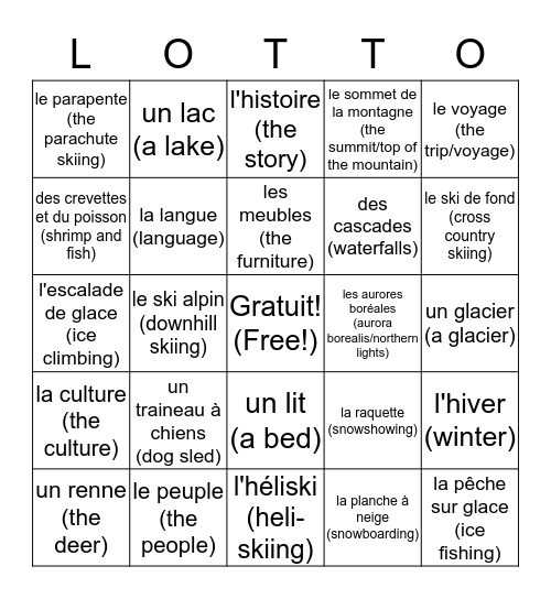 Destinations d'hiver Bingo Card