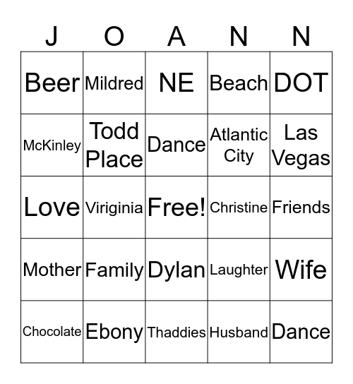 Joann's Birthday Bingo Card
