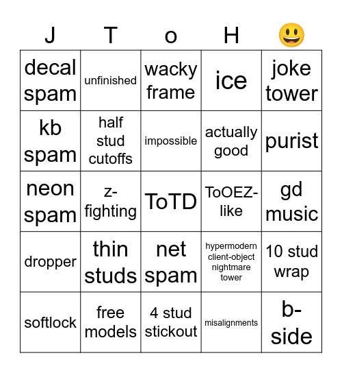 Bad JToH Fangame Bingo Card