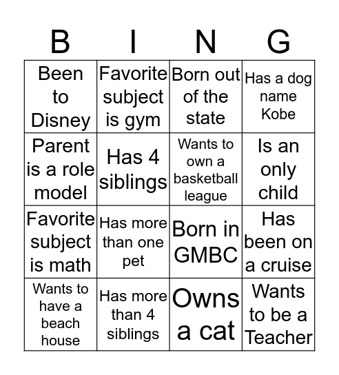 5th Grade Bingo Card