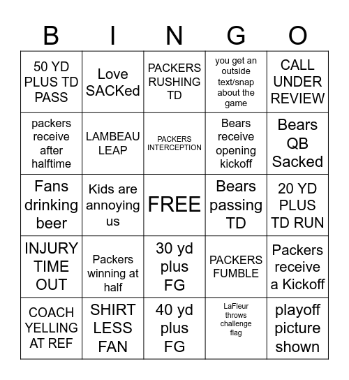 Green Bay Packers Bingo Card