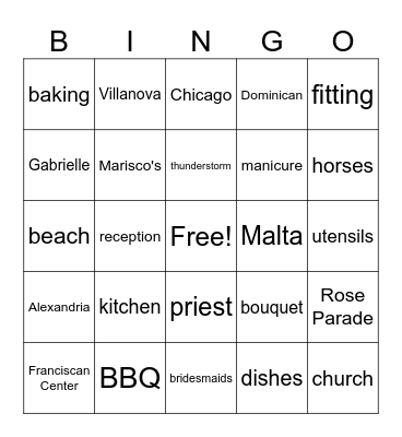 Jen Gets Married Bingo Card