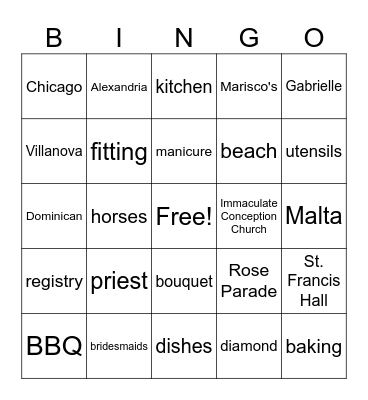 Jen's Bridal Shower Bingo Card