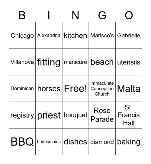 Jen's Bridal Shower Bingo Card