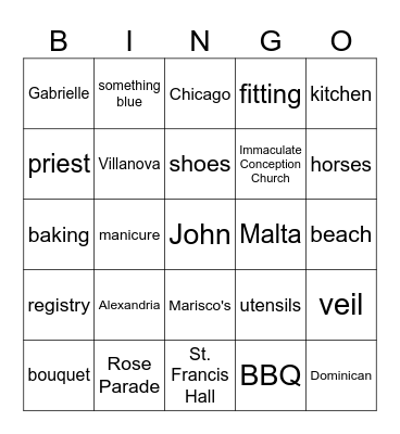 Jen's Bridal Shower Bingo Card