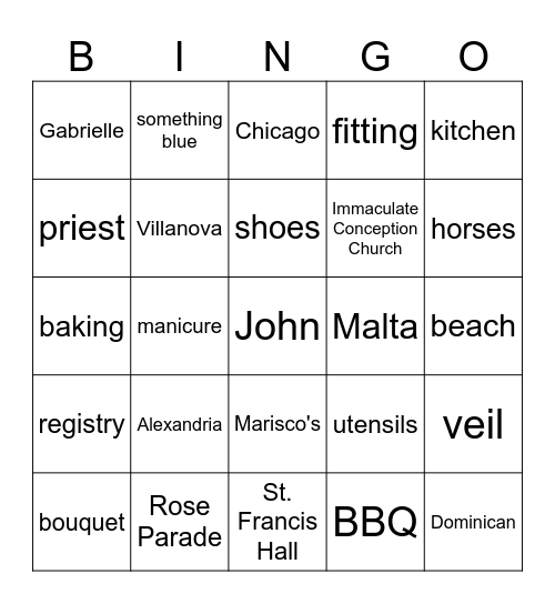 Jen's Bridal Shower Bingo Card