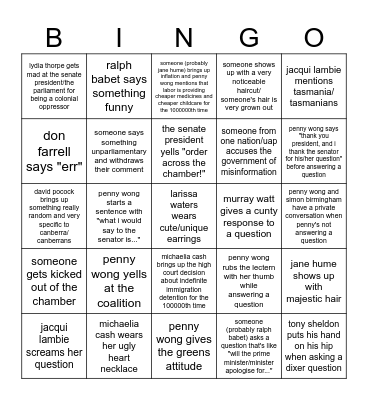 aus senate question time bingo Card