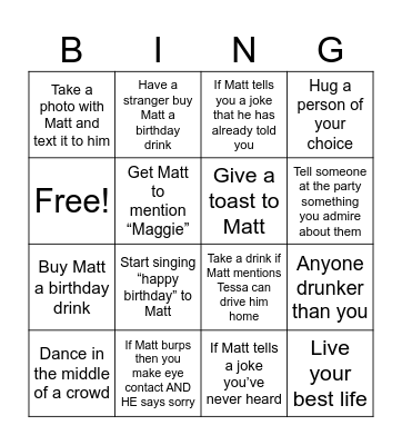 Matt’s Birthday Bingo Card
