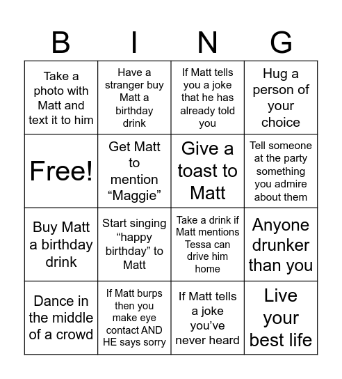 Matt’s Birthday Bingo Card