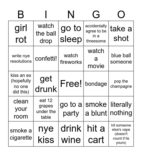 NYE BINGO: Things you did on nye/jan 1st Bingo Card