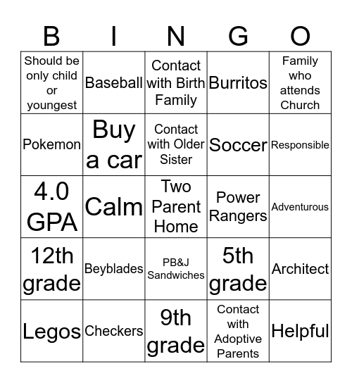BINGO FOR PERMANENCY Bingo Card