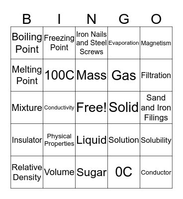 Physical Properties of Matter Bingo Card
