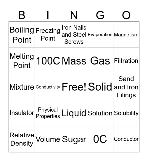Physical Properties of Matter Bingo Card