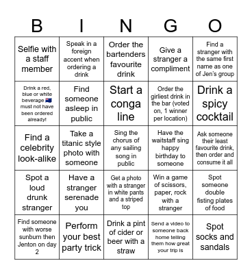 Cruise Bar Bingo Card