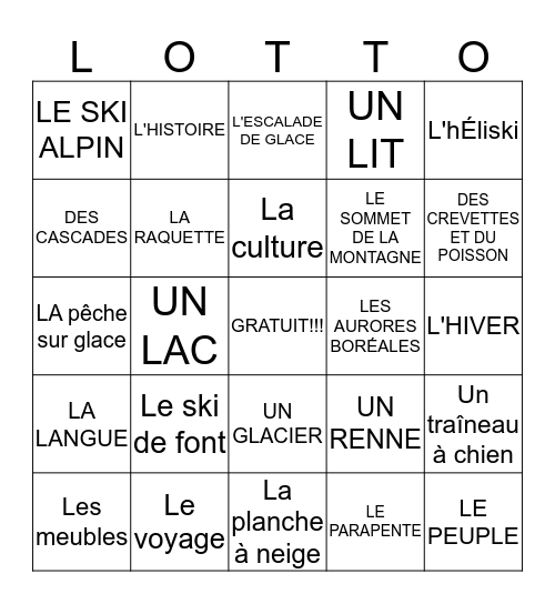 DESTINATION D'HIVER Bingo Card