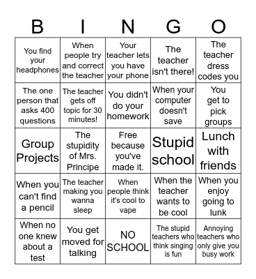 School Bingo Card