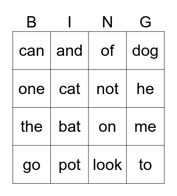 Sight Words BINGO Card