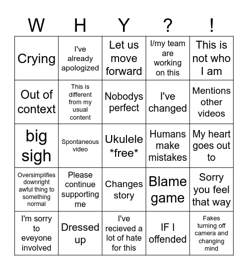 Colleen Apology Bingo Card