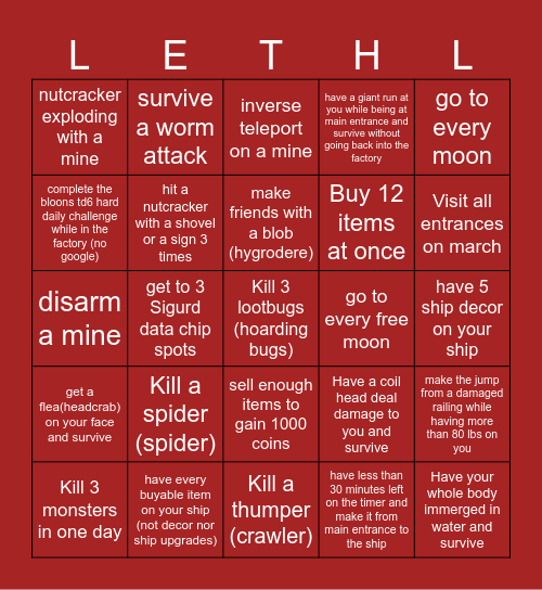 Lethal company bingo Card