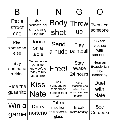 Nate's 24 Hour Birthday Bingo Card