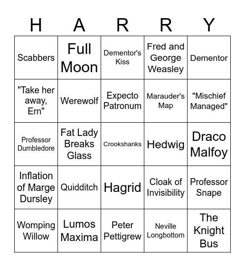 Harry Potter and the Prisoner of Azkaban Bingo Card