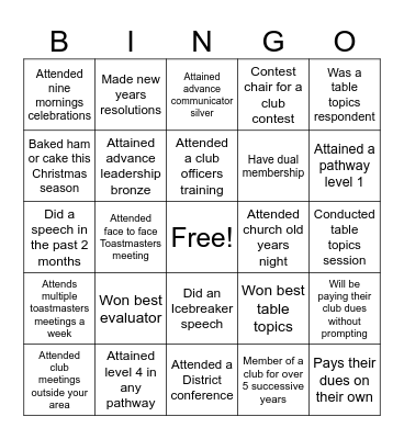 Achievers Toast Masters Club fun day Bingo Card