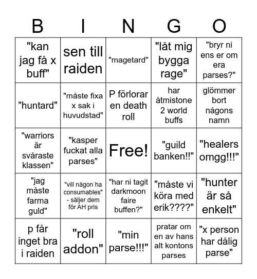 p bingo Card