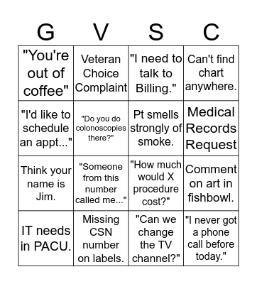 GVSC Bingo - Medical Records Bingo Card