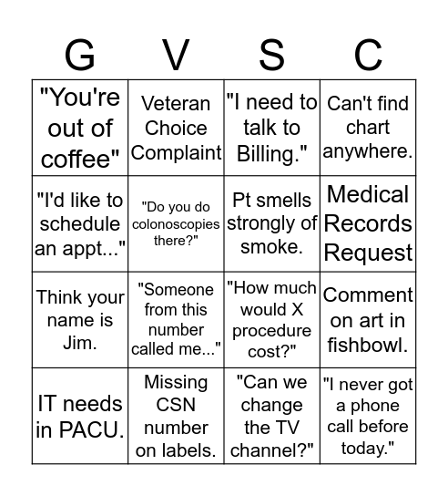 GVSC Bingo - Medical Records Bingo Card