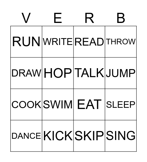 ACTION VERB BINGO! Bingo Card