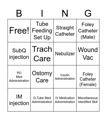 155 Clinical Skills Bingo Card