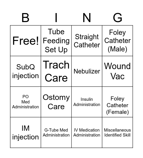 155 Clinical Skills Bingo Card