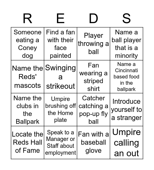 Reds CSS Bingo/Scavenger Hunt Bingo Card