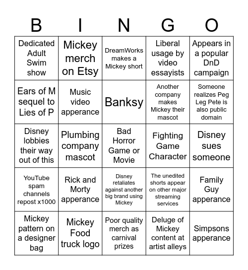 Public Domain Mickey Mouse Bingo Card
