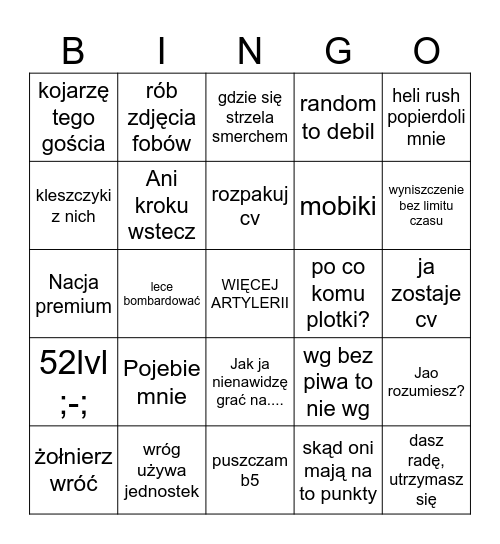 Wargame Bingo Card