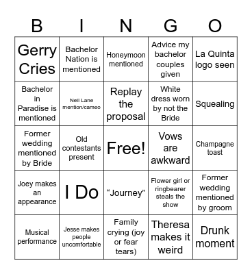 Golden Bachelor Bingo Card