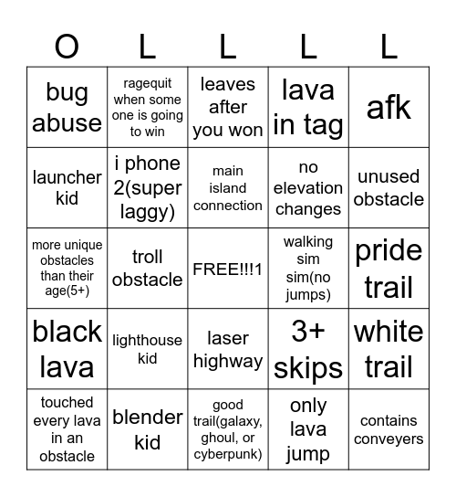 obby leader obbies bingo Card