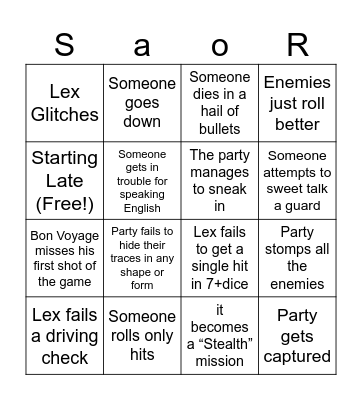 Shadowrun Mission 2 Session 1 Bingo Card