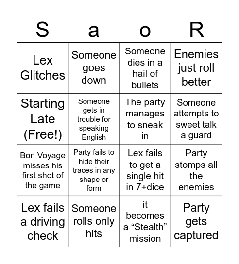 Shadowrun Mission 2 Session 1 Bingo Card