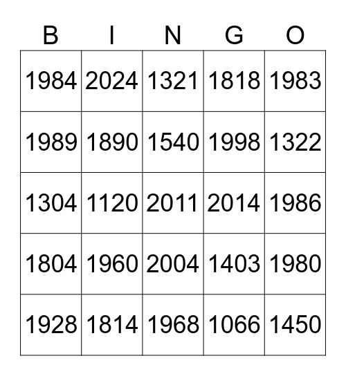 Jahreszahlen Bingo Card