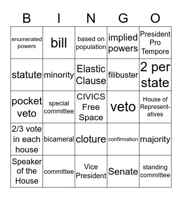 Legislative Branch Bingo Card