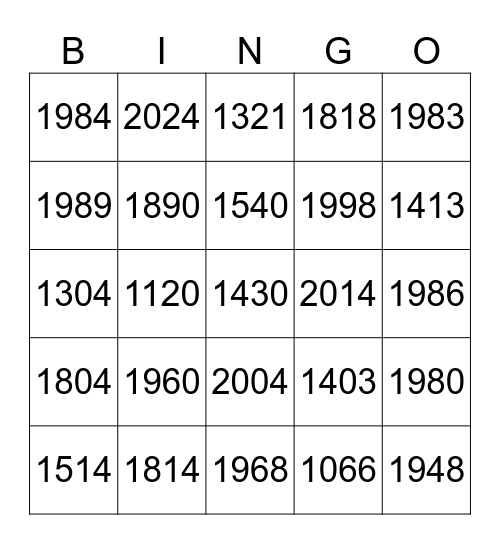 Jahreszahlen Bingo Card