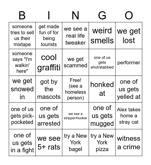 New York Trip Bingo Card