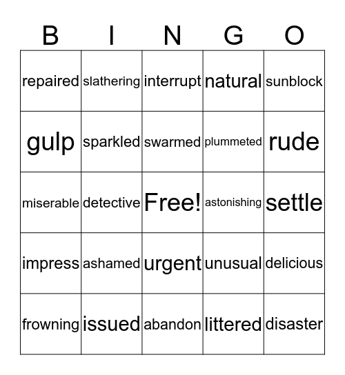 Tigers Vocabulary Bingo Card