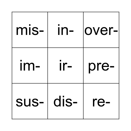 Prefix Bingo Card